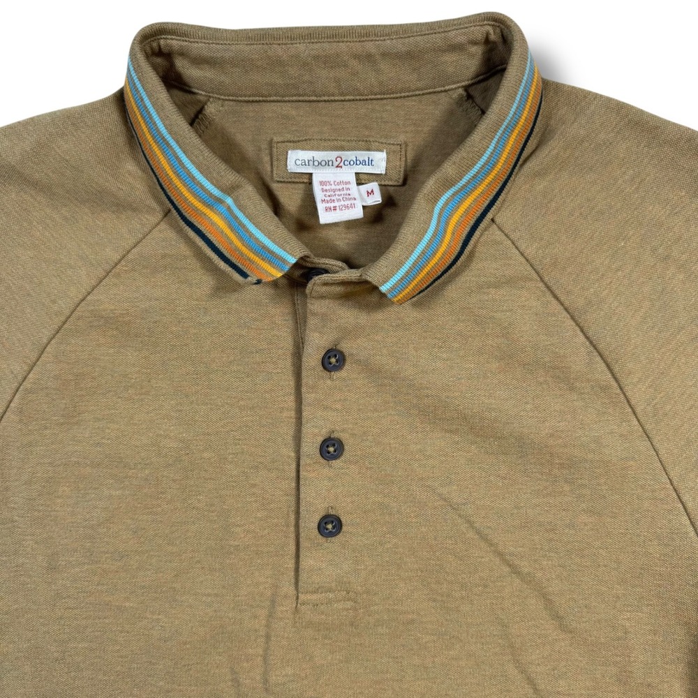 Carbon 2 Cobalt Polo Shirt Mens Medium Brown Short Sleeve Striped Trim Cotton